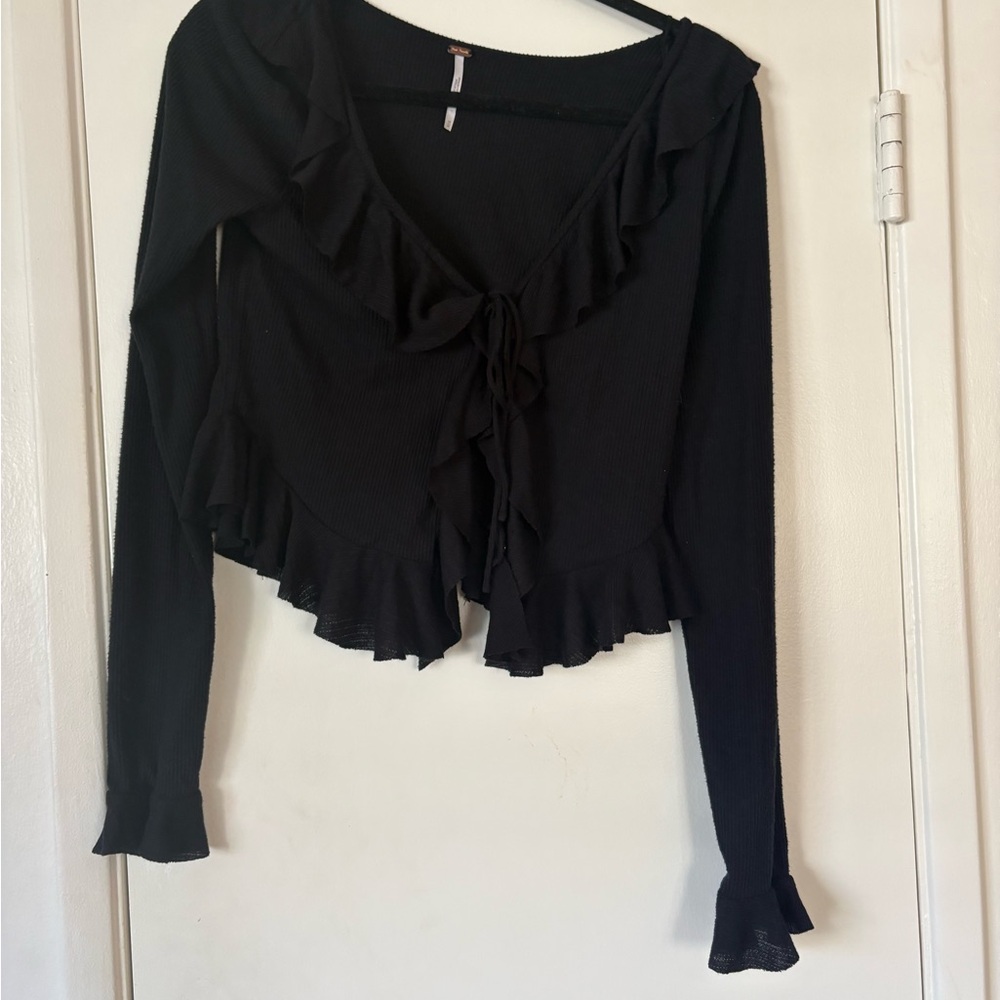 Free People Black Ruffle Tie-Front Long-Sleeve Camisole Size M
